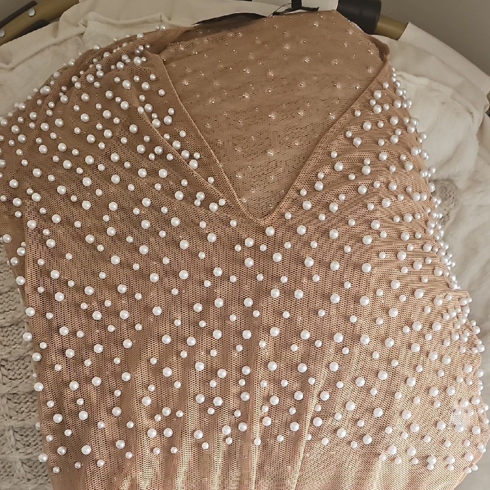 Elegant Tan Bodysuit with Pearl Accents